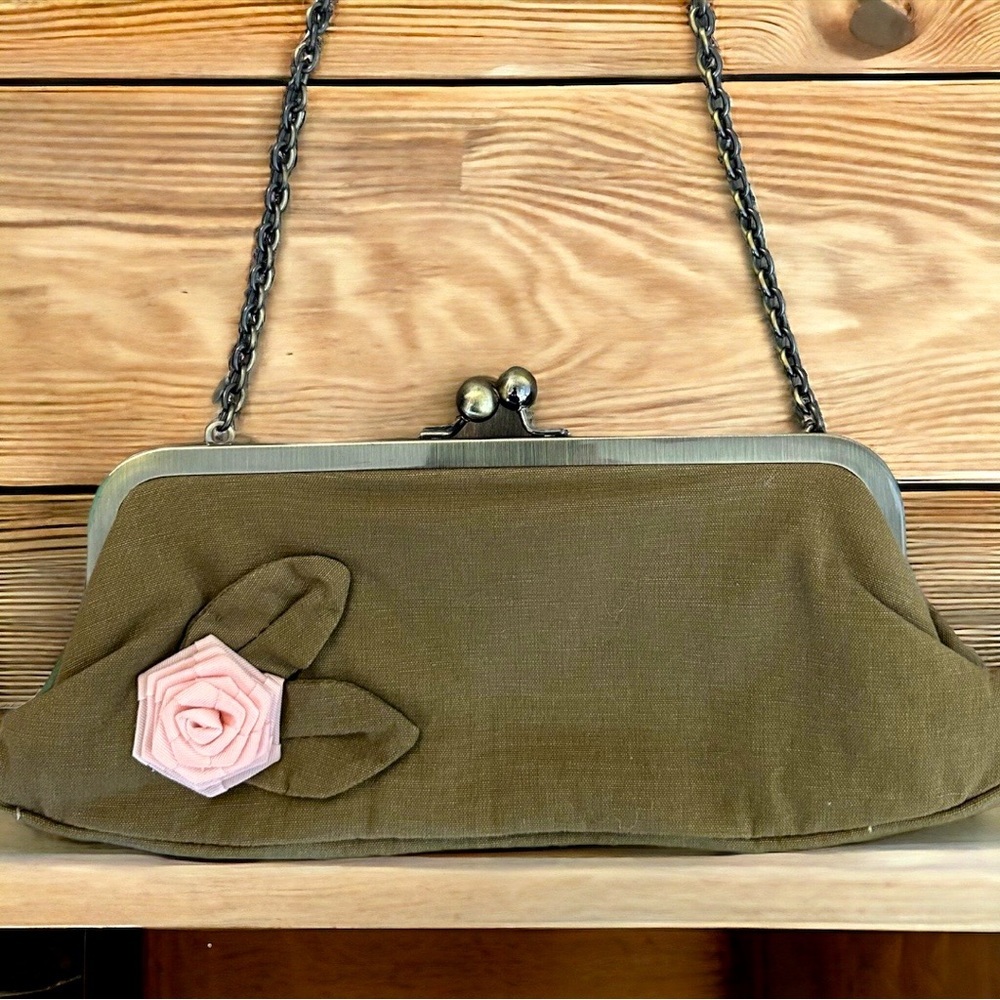 Olive Green Floral Accent Clutch with Chain Strap